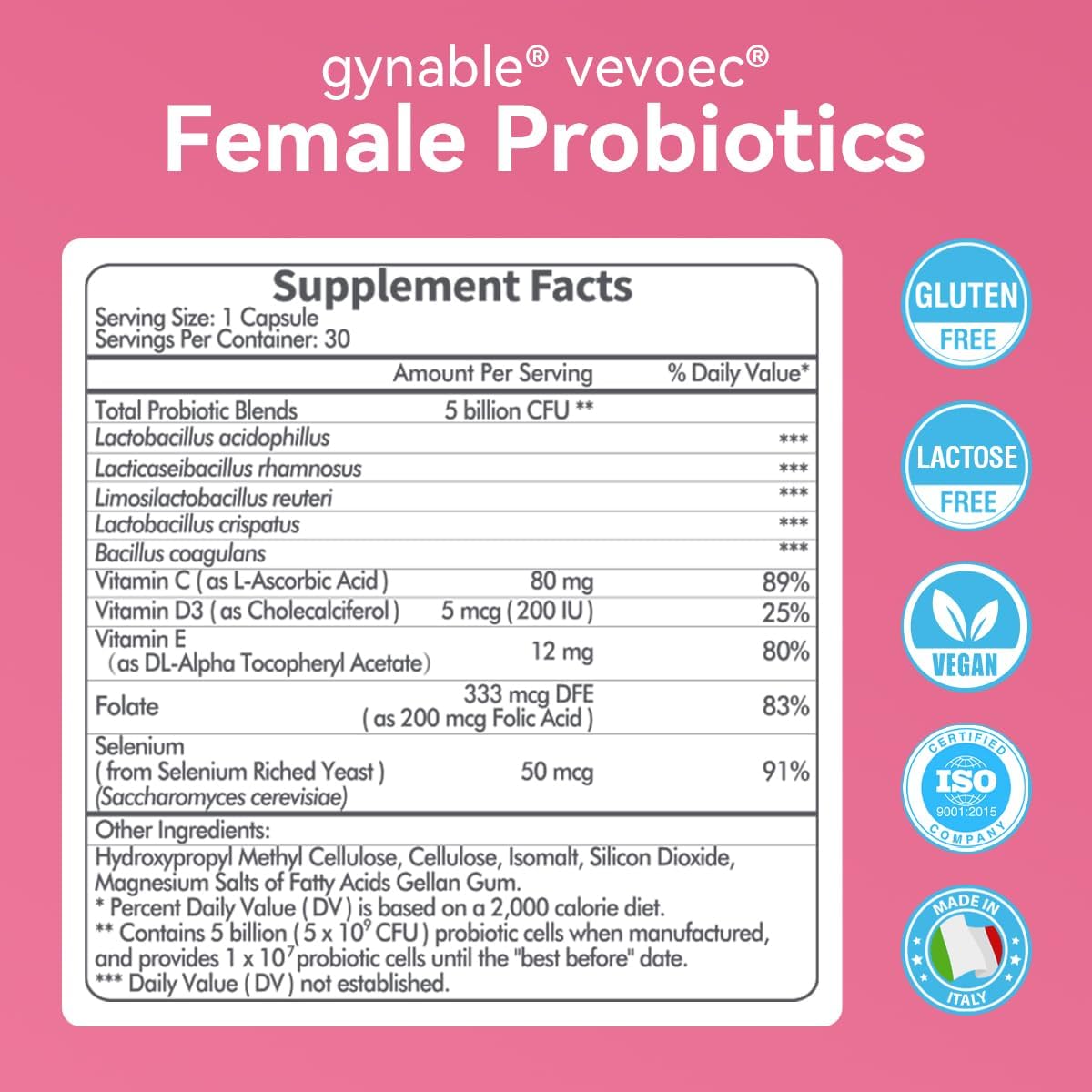 Gynable Vaginal Probiotics for Womem,Female Probiotic for pH Balance with Lactobacillus 5 Billion CFU Probiotics Blend,Selenium-Vitamin D3,Promote Healthy Vaginal Odor & Vaginal Flora,30 Count 24Hr Smart